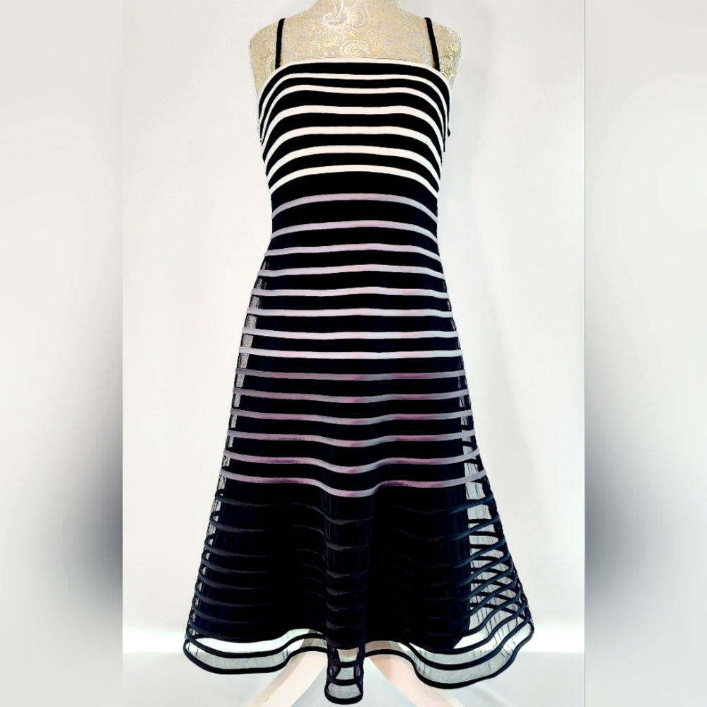 White House Black Market stripes fade to black evening dress